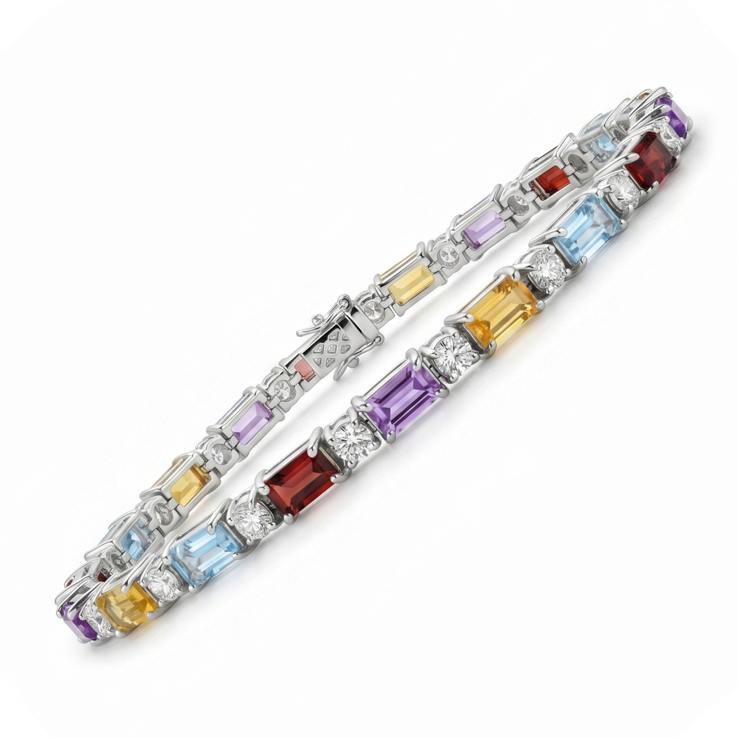 11.8 Ct Baguette Rainbow Multi-Gemstone Prong Silver Alternating Inline Box Clasp Tennis Bracelet