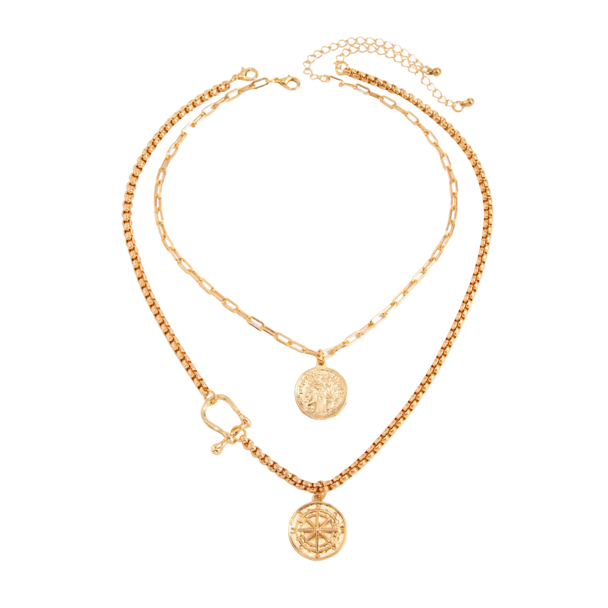 Goldtone Coin & Compass Pendant Necklace Set