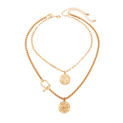 Goldtone Coin & Compass Pendant Necklace Set