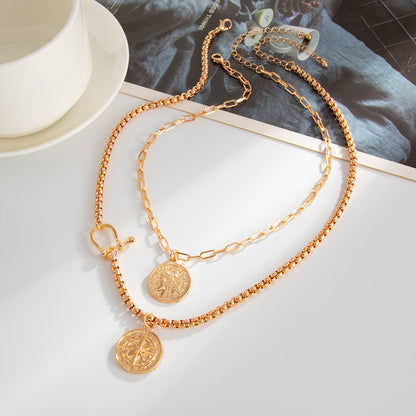 Goldtone Coin & Compass Pendant Necklace Set