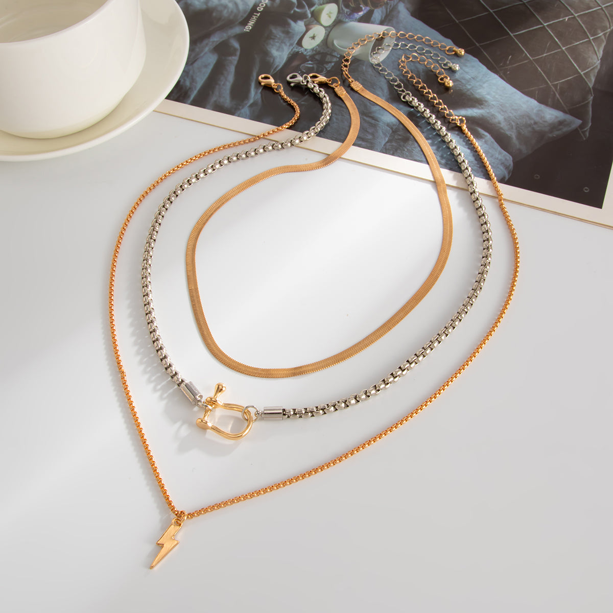 Two Tone U-Shape Lightning Pendant Necklace Set