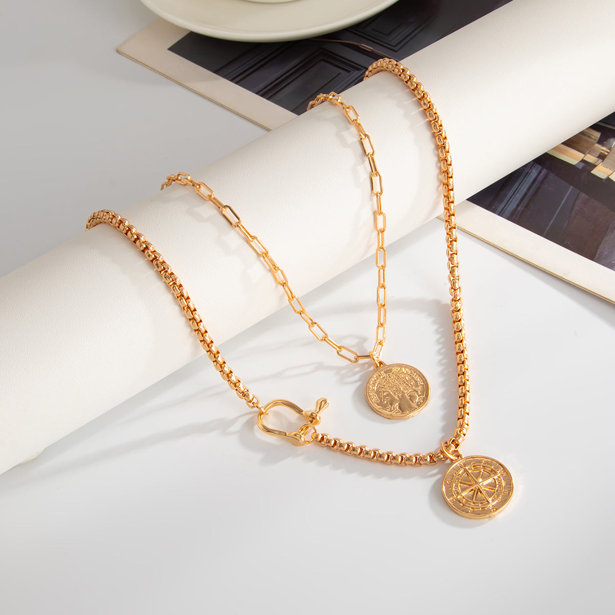 Goldtone Coin & Compass Pendant Necklace Set