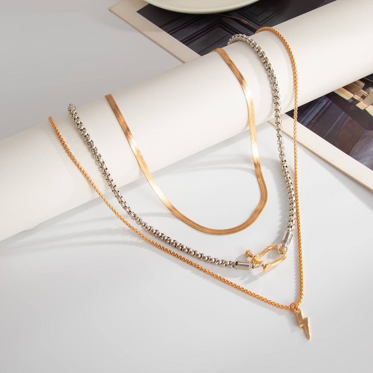 Two Tone U-Shape Lightning Pendant Necklace Set