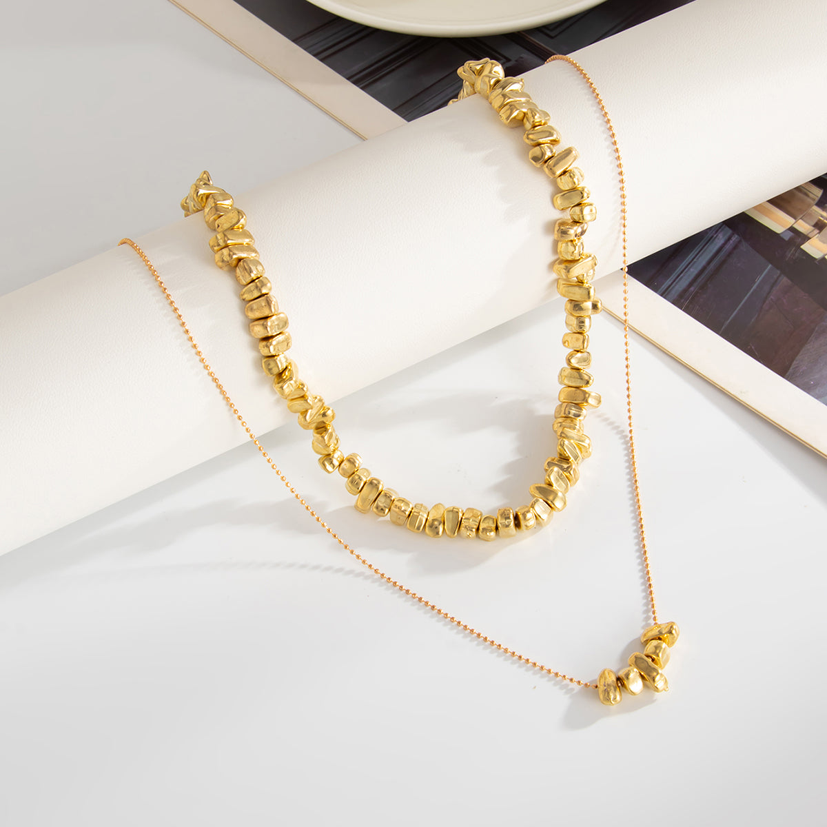Goldtone Irregular Beads Chain Necklace Set