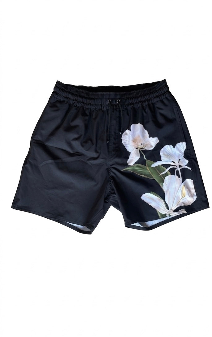 Black Floral Swim Trunks