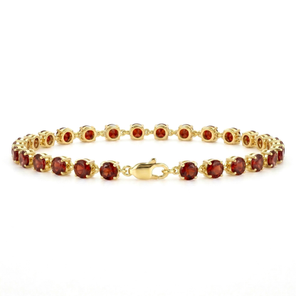 4.72 Ct Round Red Garnet Prong Yellow Gold Plated Silver Classic Inline Lobster Clasp Tennis Bracelet