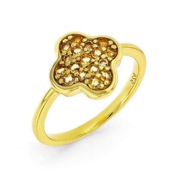Round Yellow Citrine Pave 18K Yellow Gold Plated Silver Four Leaf Clover Ring