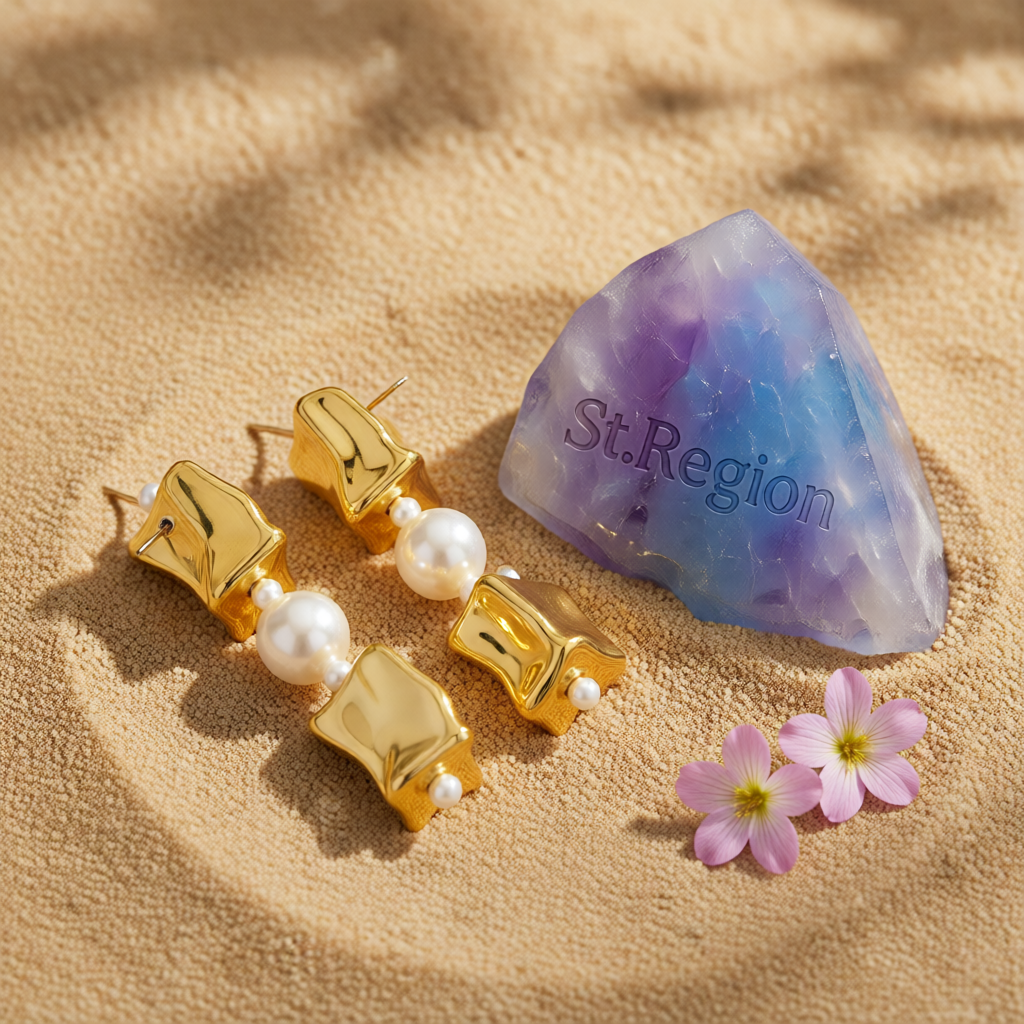 Pearl & Goldtone Ice Cube Dangle Earrings