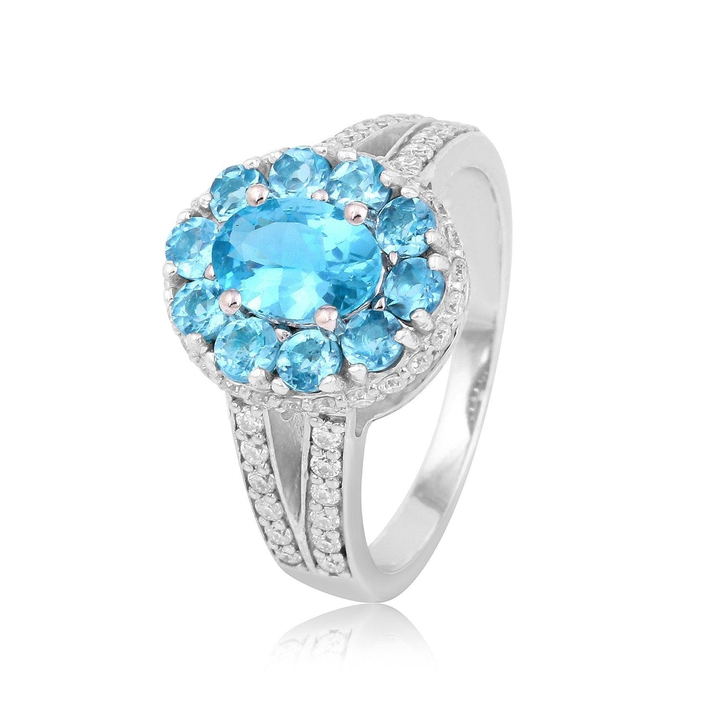0.72CT Oval Natural Paraiba Apatite Prong Sterling Silver Cluster Halo Ring