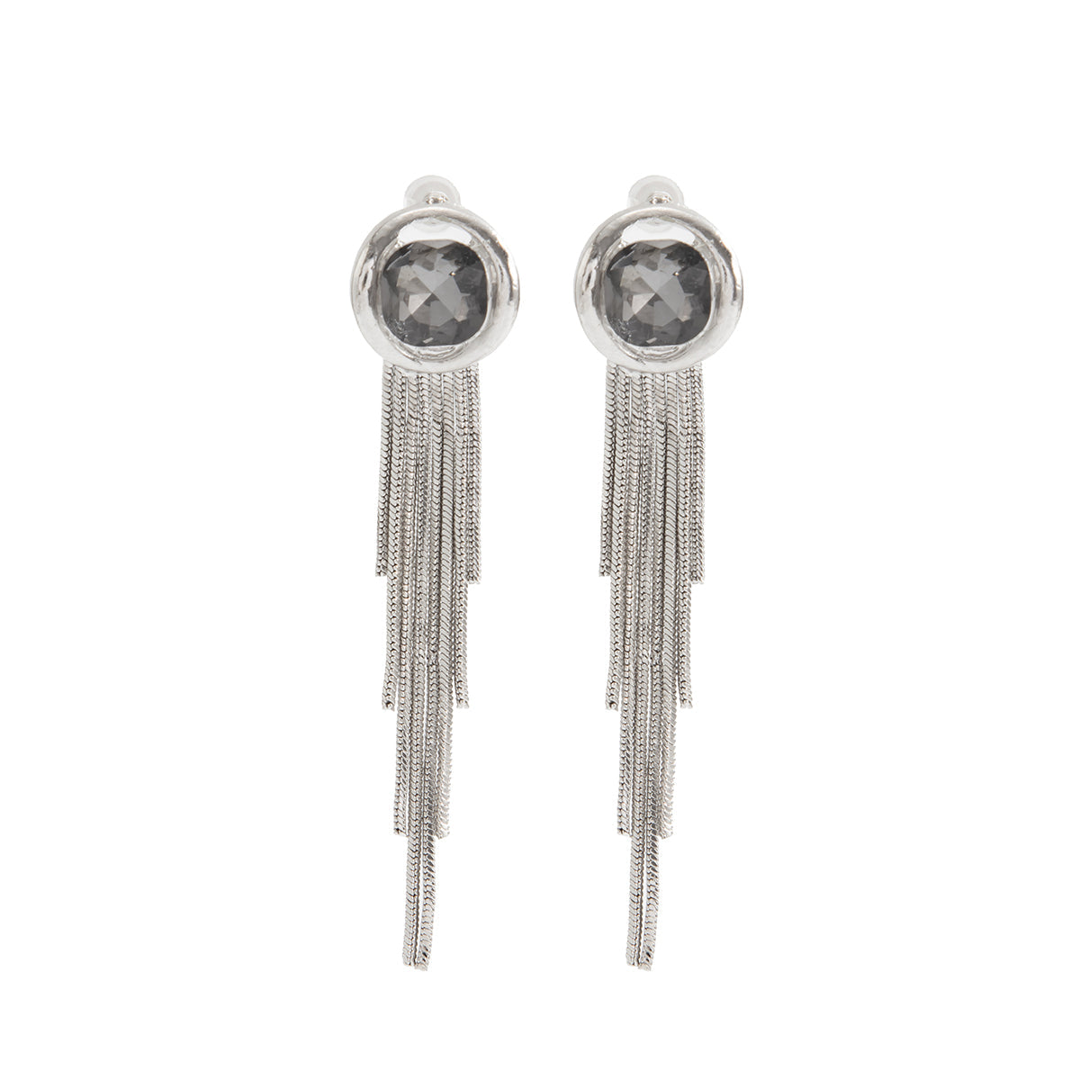 Gray Crystal & Silvertone Round Tassel Dangle Earrings