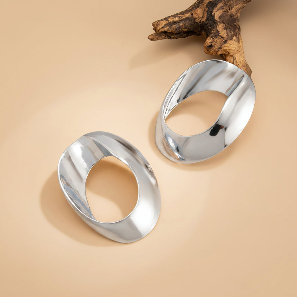 Silvertone Open Oval Statement Earrings
