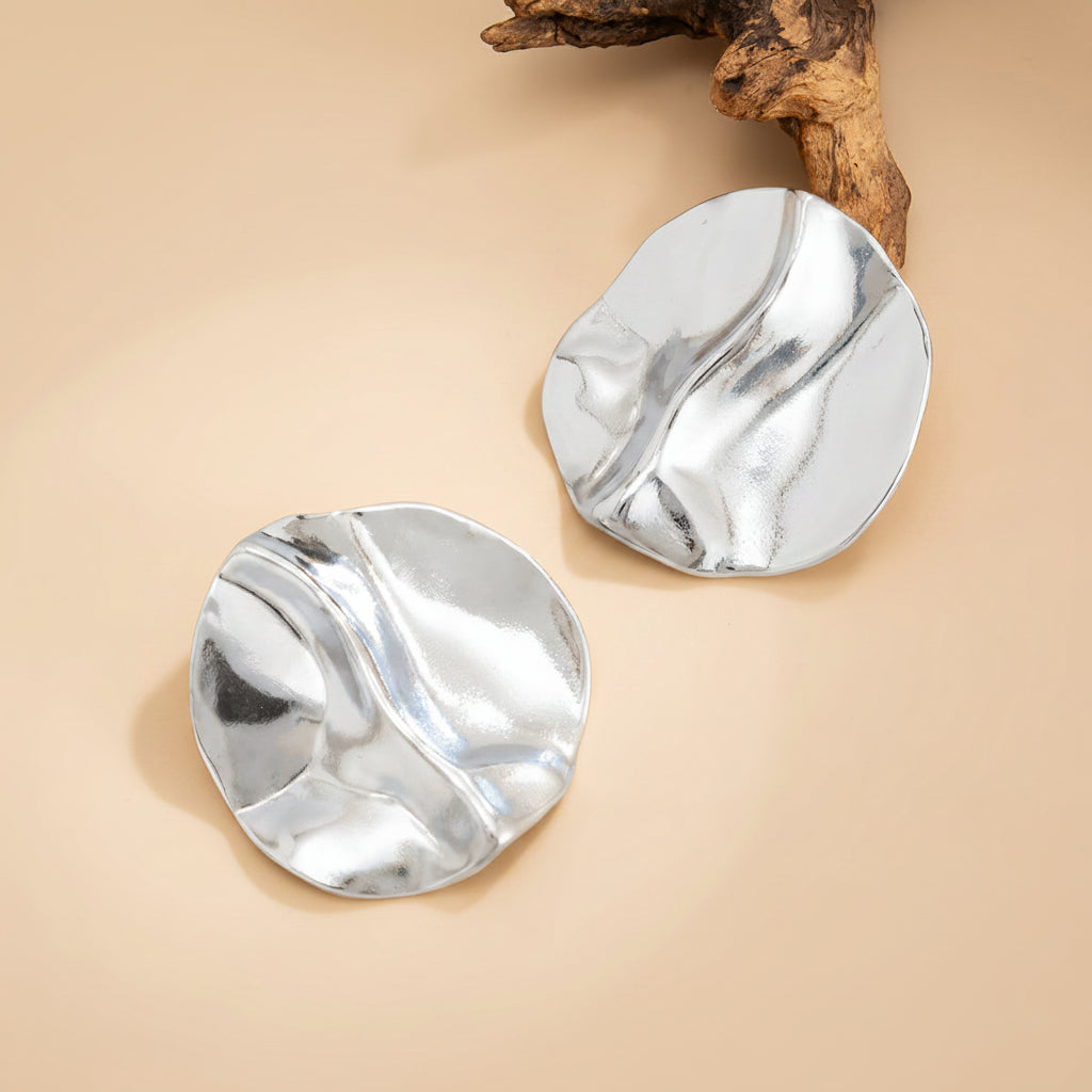 Silvertone Hammered Round Statement Earrings