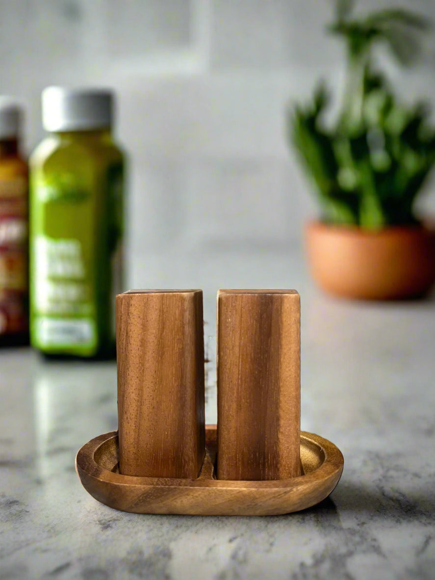Kalmar Home Salt & Pepper Shakers on an Acacia Wood Base
