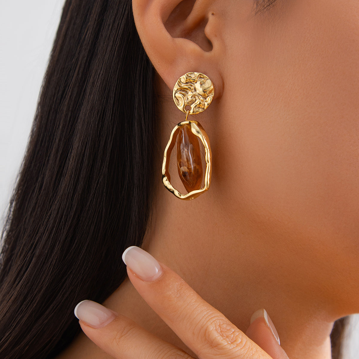 Coffee Resin & Goldtone Hammered Stacked Irregular Dangle Earrings