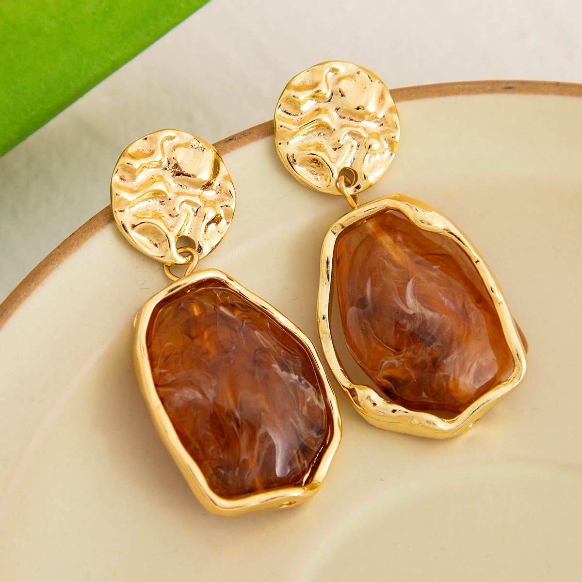 Coffee Resin & Goldtone Hammered Stacked Irregular Dangle Earrings