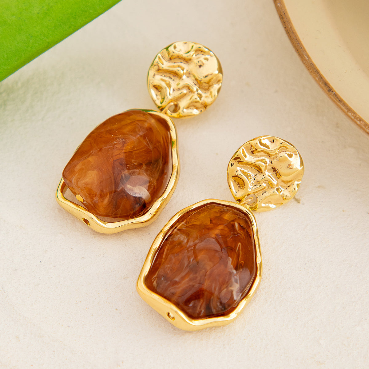 Coffee Resin & Goldtone Hammered Stacked Irregular Dangle Earrings