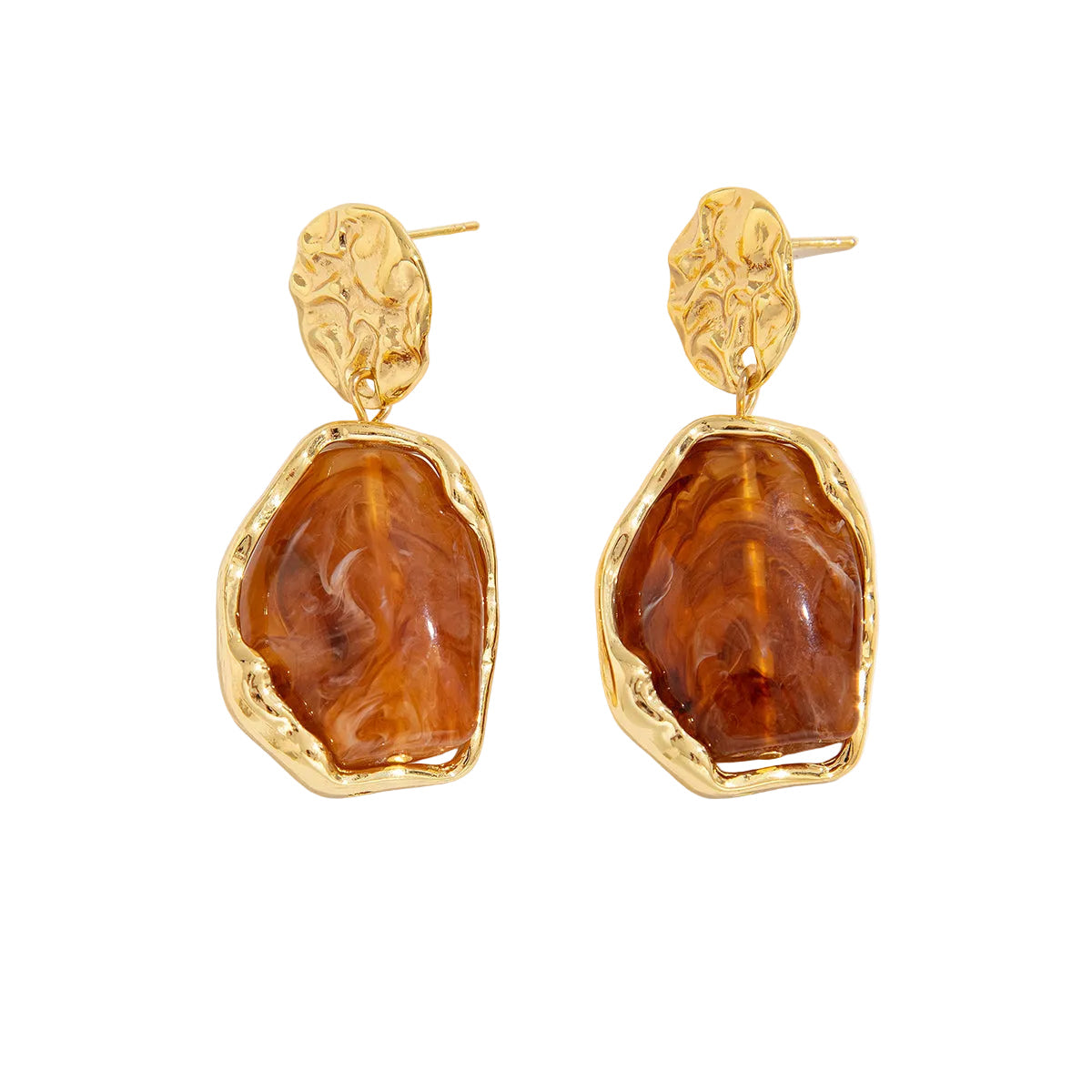 Coffee Resin & Goldtone Hammered Stacked Irregular Dangle Earrings