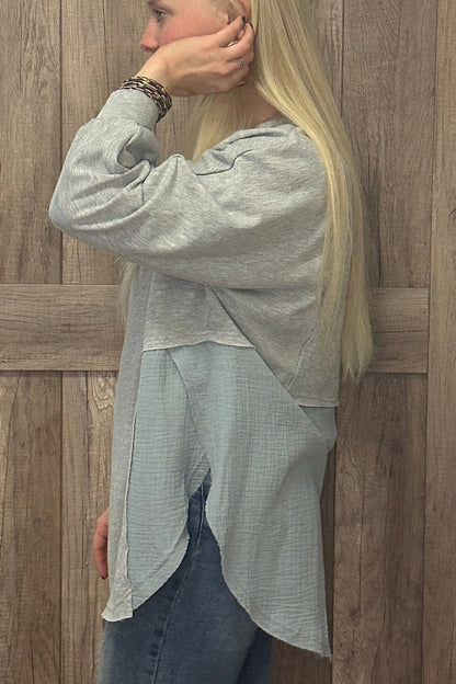 Dahlia Crinkle Splicing Raw Hem High Low Oversized Blouse - Threaded Pear