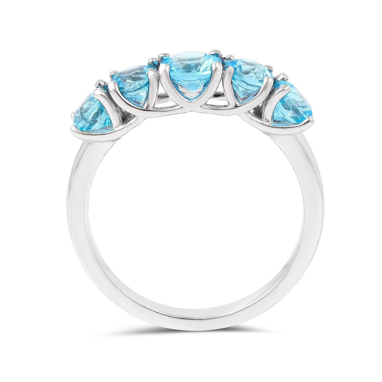 Round Natural Blue Paraiba Apatite Prong Rhodium Plated Silver Five Stone Ring