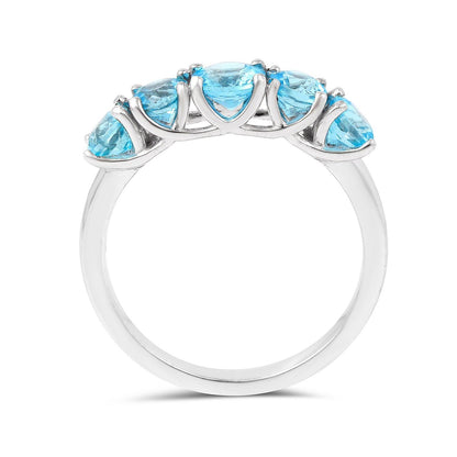 Round Natural Blue Paraiba Apatite Prong Rhodium Plated Silver Five Stone Ring