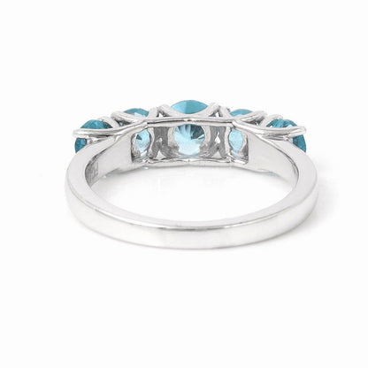 Round Natural Blue Paraiba Apatite Prong Rhodium Plated Silver Five Stone Ring