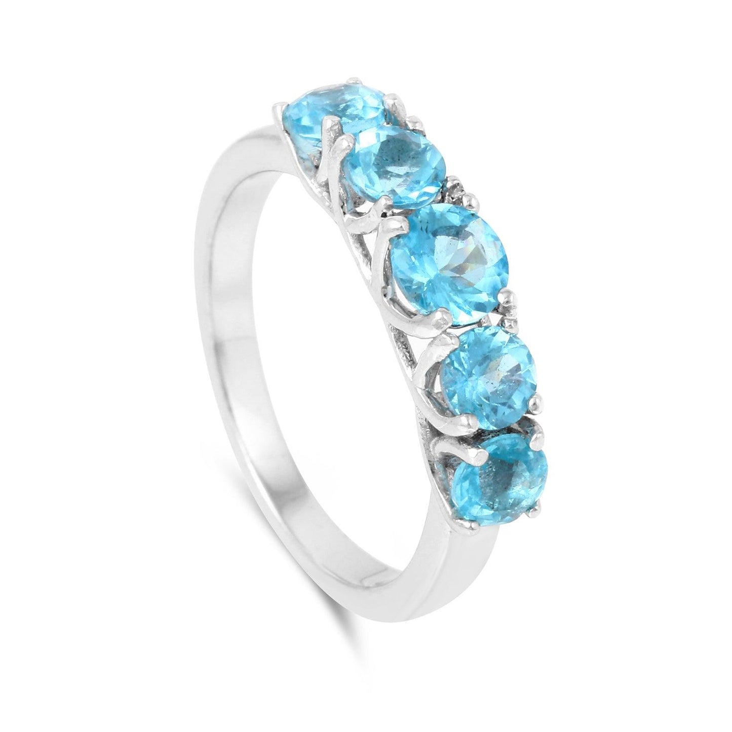 Round Natural Blue Paraiba Apatite Prong Rhodium Plated Silver Five Stone Ring