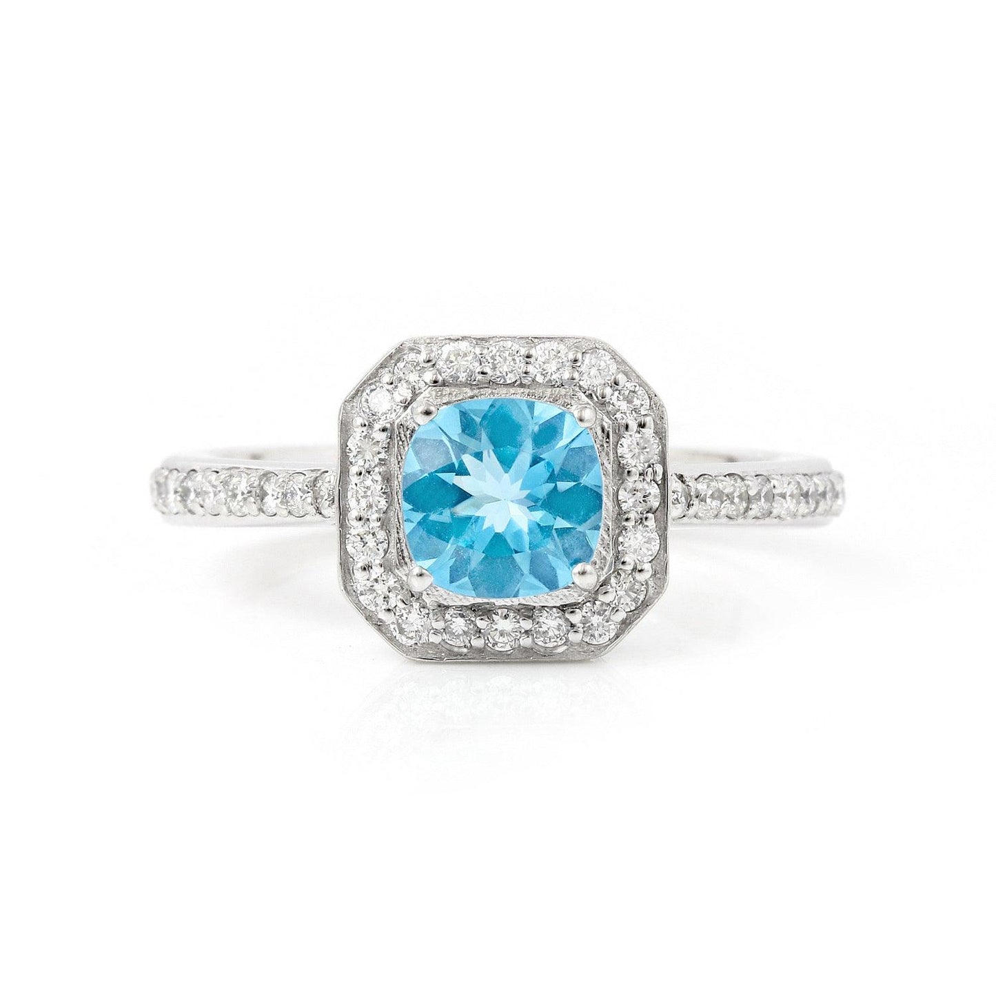 1.05 Ct Cushion Natural Blue Paraiba Apatite Pave Rhodium Plated Silver Halo Ring