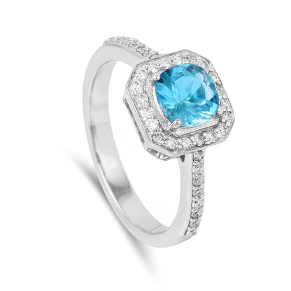 1.05 Ct Cushion Natural Blue Paraiba Apatite Pave Rhodium Plated Silver Halo Ring