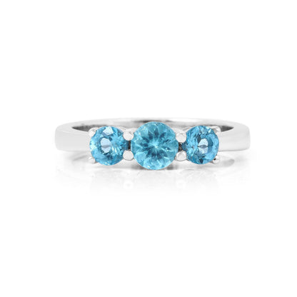 0.55 Ct Round Natural Blue Paraiba Apatite Prong Rhodium Silver Three Stone Ring