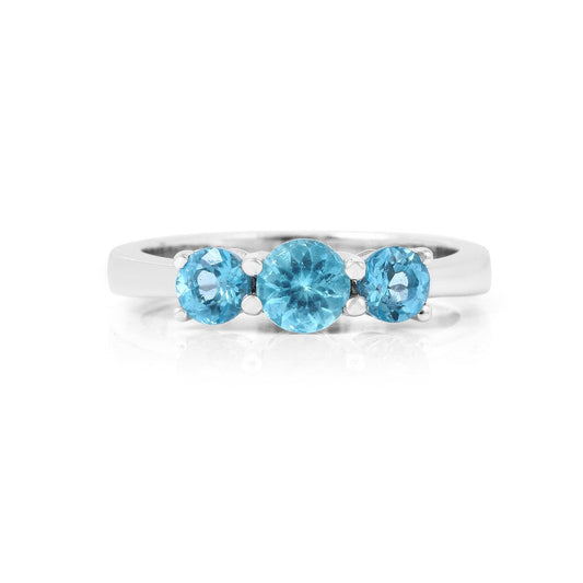 0.55 Ct Round Natural Blue Paraiba Apatite Prong Rhodium Silver Three Stone Ring