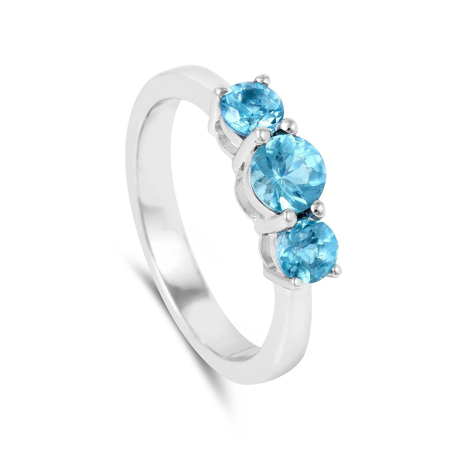 0.55 Ct Round Natural Blue Paraiba Apatite Prong Rhodium Silver Three Stone Ring
