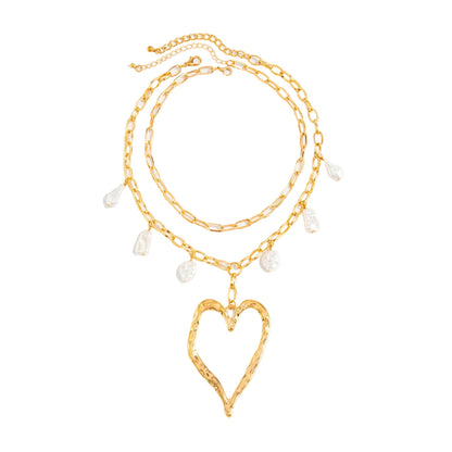 Pearl & Goldtone Open Heart Pendant Statement Necklace