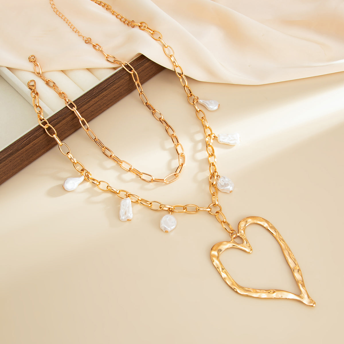 Pearl & Goldtone Open Heart Pendant Statement Necklace