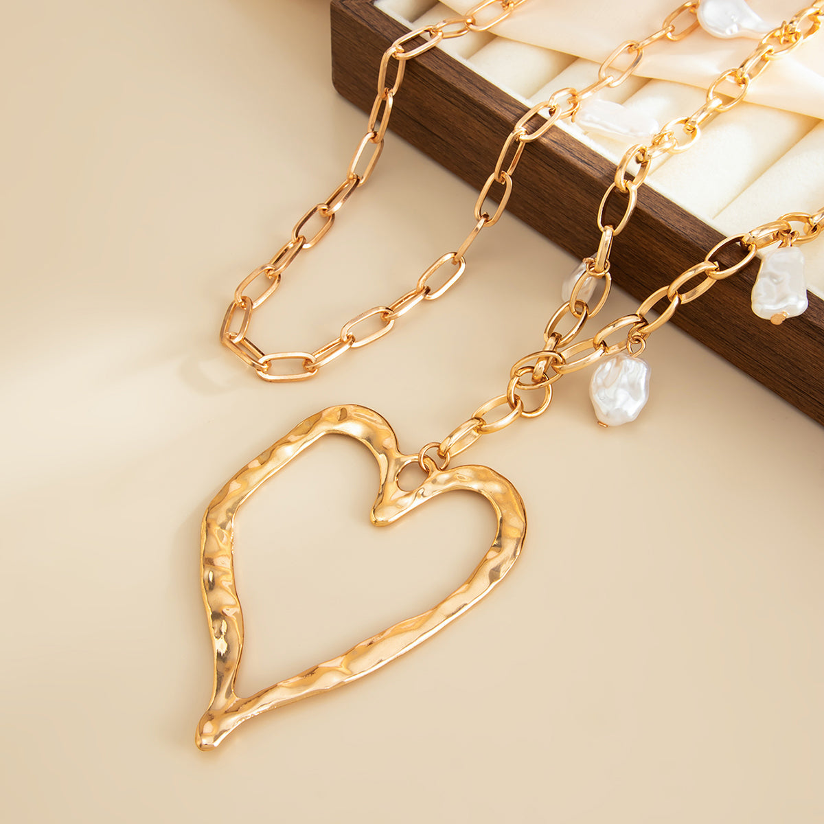 Pearl & Goldtone Open Heart Pendant Statement Necklace