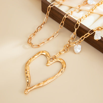 Pearl & Goldtone Open Heart Pendant Statement Necklace