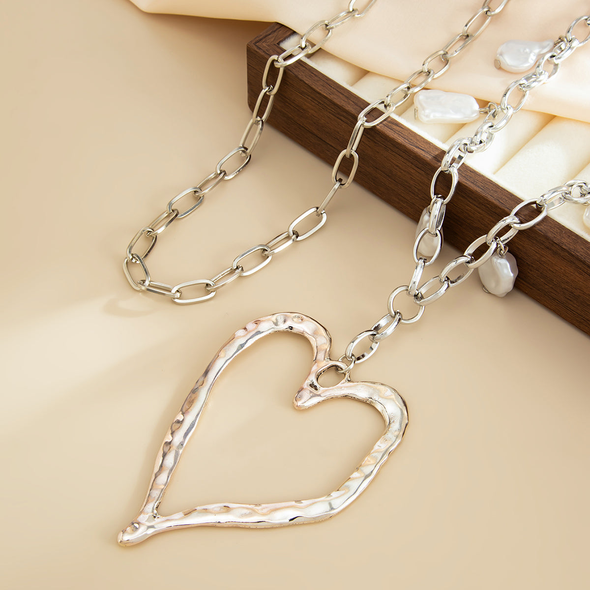 Pearl & Silvertone Open Heart Pendant Statement Necklace