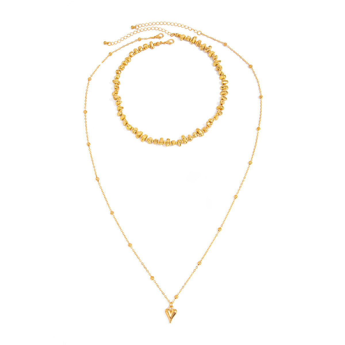 Goldtone Irregular Beads Chian Heart Pendant Necklace Set