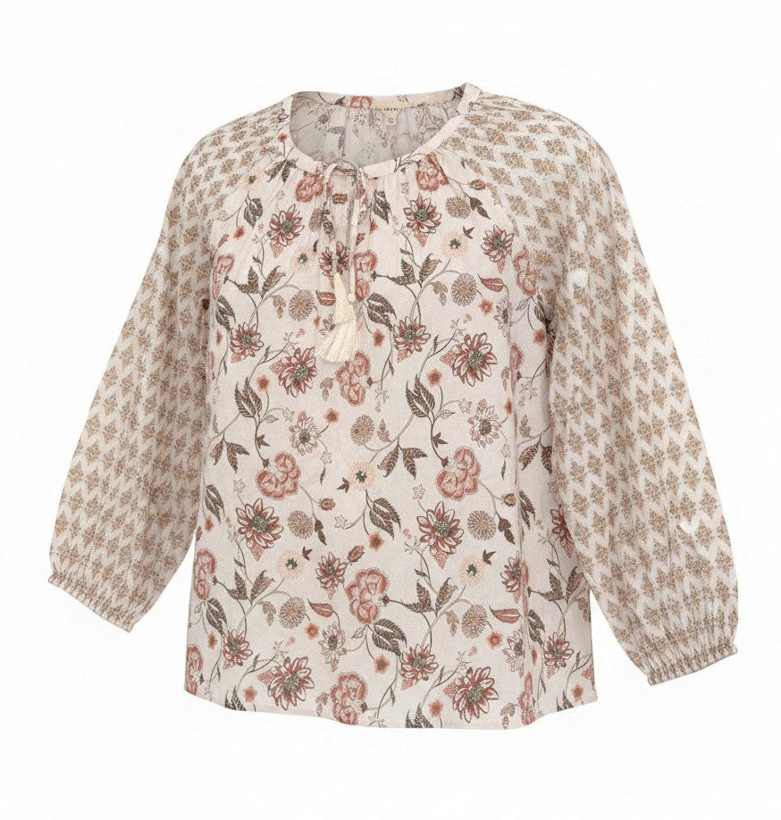 [161655-690] Womens Lucky Brand Notch Neck Blouse - Pink Multi