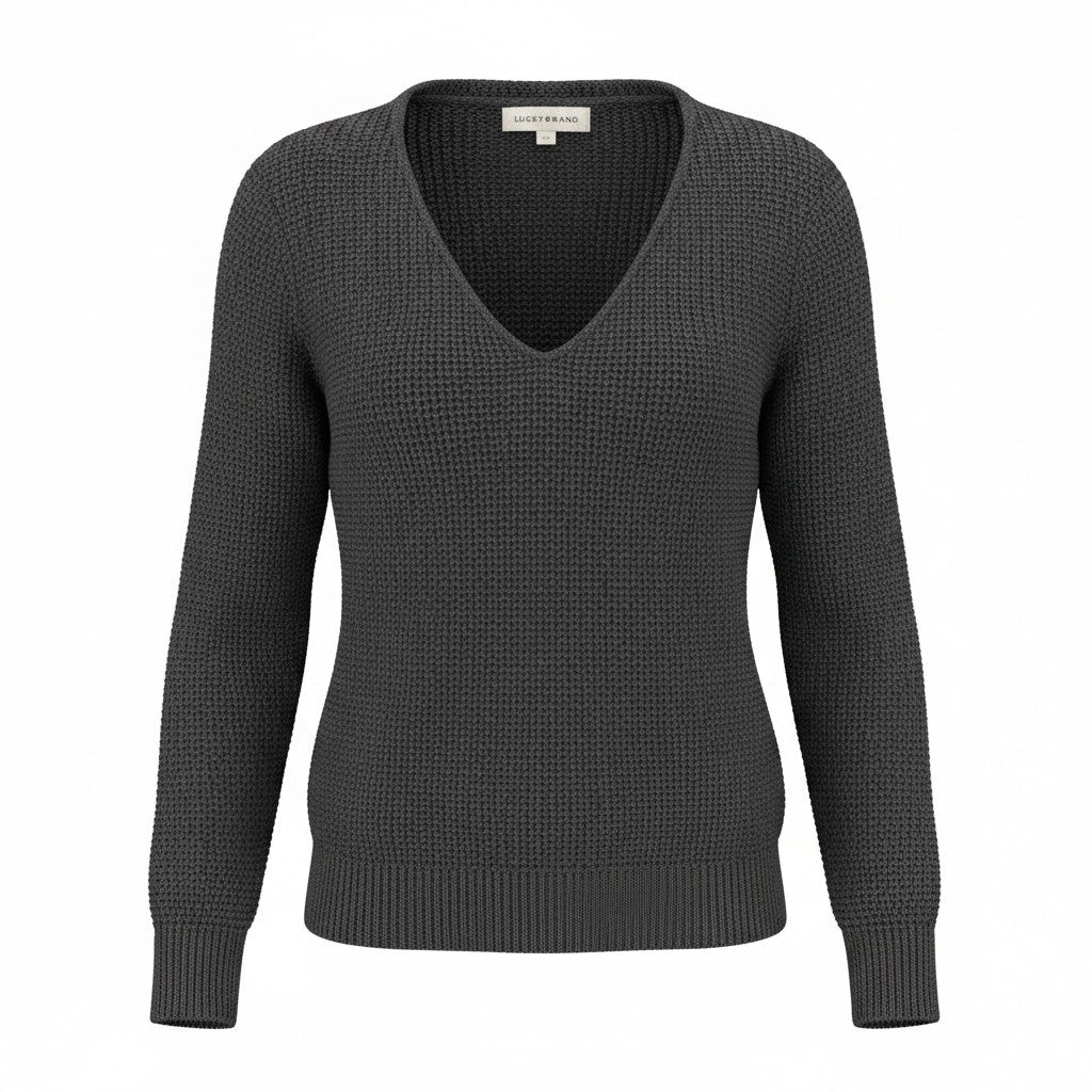 [7wp5056-001] Womens Lucky Brand Spring Weight V Neck Pullover - Black Combo