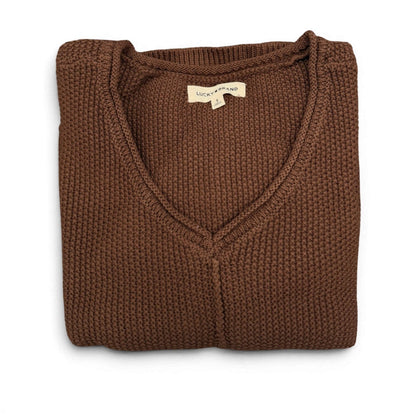 [163381-249] Womens Lucky Brand L/s Solid Textured V Nk (5gg) - Chicory Coffee