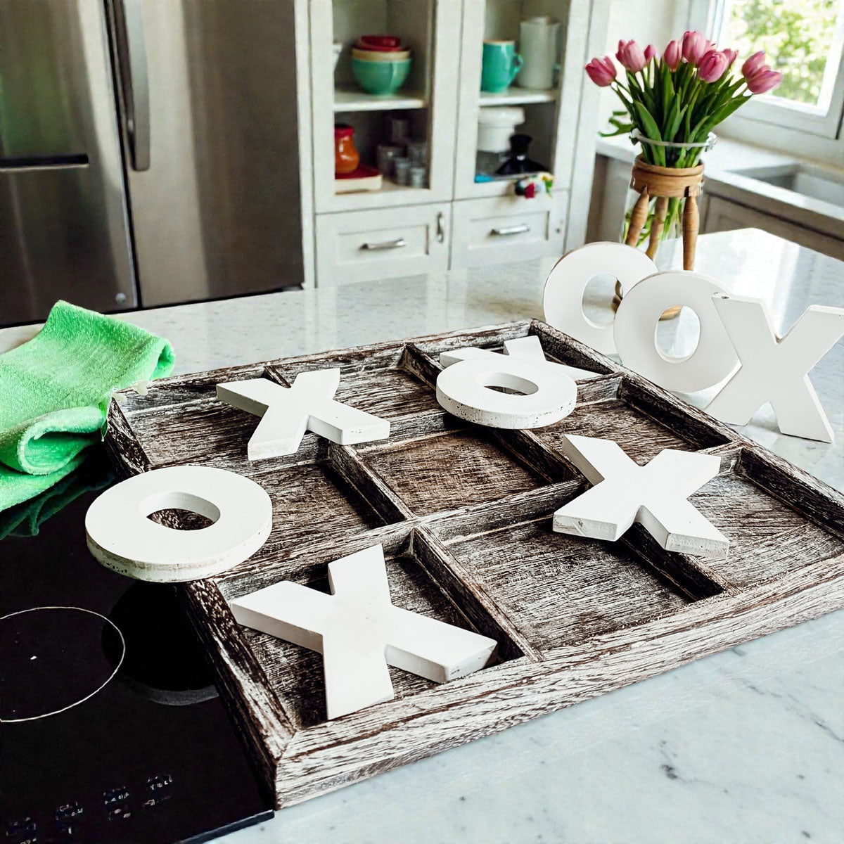 Chunky wooden letters tic tac toe board game
Neutral farmhouse tic tac toe board decor
Rustic wood grain tic tac toe game display
Cottage style wooden XO game board decor