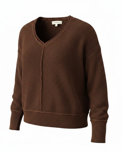 [163381-249] Womens Lucky Brand L/s Solid Textured V Nk (5gg) - Chicory Coffee