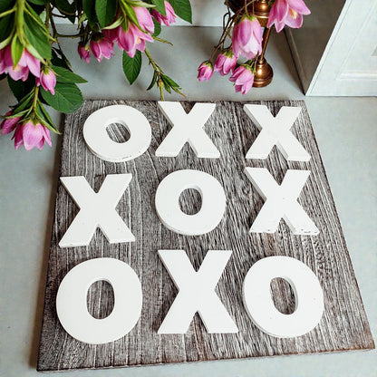 Handmade wooden tic tac toe board game rustic farmhouse decor
Rustic wood XO game tabletop decor with white letters
Farmhouse style tic tac toe board handmade USA
Wooden tic tac toe game distressed wood finish home decor
Rustic tabletop tic tac toe board with removable pieces