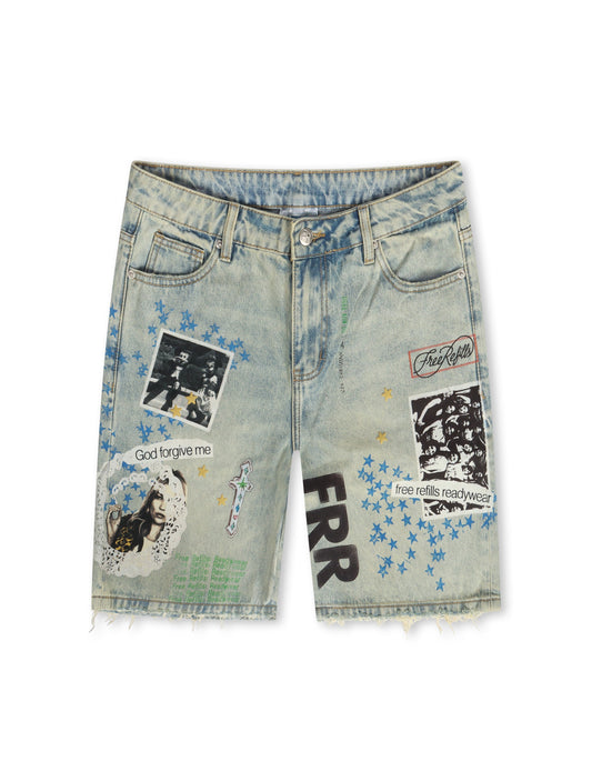 Free Refills Collage Shorts - Light Blue
