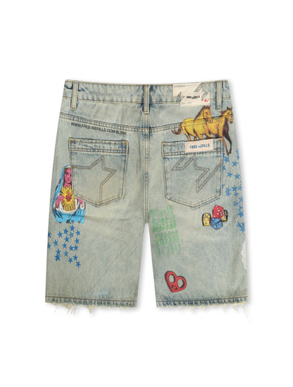 Free Refills Collage Shorts - Light Blue