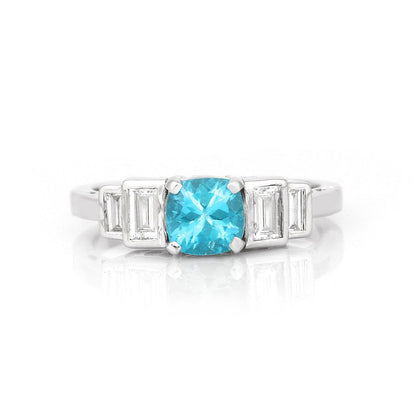 1.05 Ct Cushion Blue Natural Paraiba Apatite Prong Rhodium Plated Sterling Silver Baguette Accents Five Stone Ring