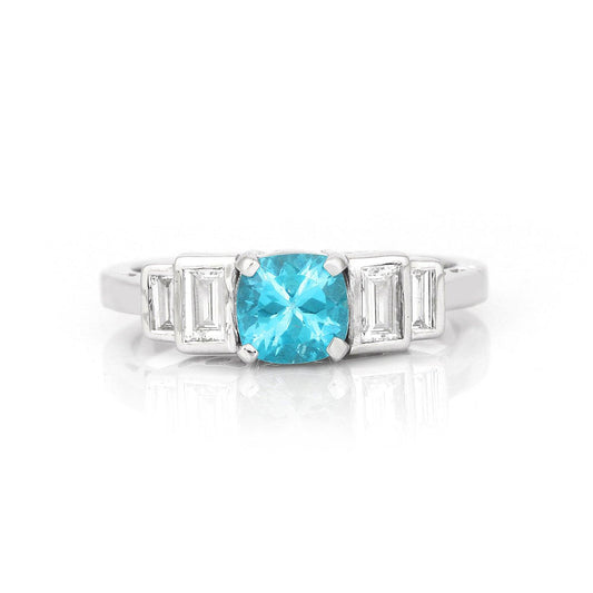 1.05 Ct Cushion Blue Natural Paraiba Apatite Prong Rhodium Plated Sterling Silver Baguette Accents Five Stone Ring