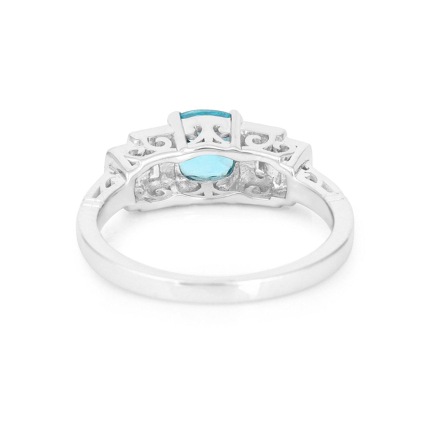 1.05 Ct Cushion Blue Natural Paraiba Apatite Prong Rhodium Plated Sterling Silver Baguette Accents Five Stone Ring