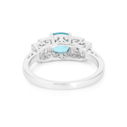 1.05 Ct Cushion Blue Natural Paraiba Apatite Prong Rhodium Plated Sterling Silver Baguette Accents Five Stone Ring