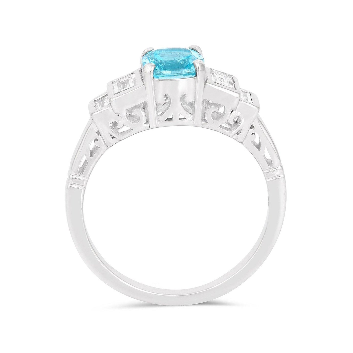 1.05 Ct Cushion Blue Natural Paraiba Apatite Prong Rhodium Plated Sterling Silver Baguette Accents Five Stone Ring